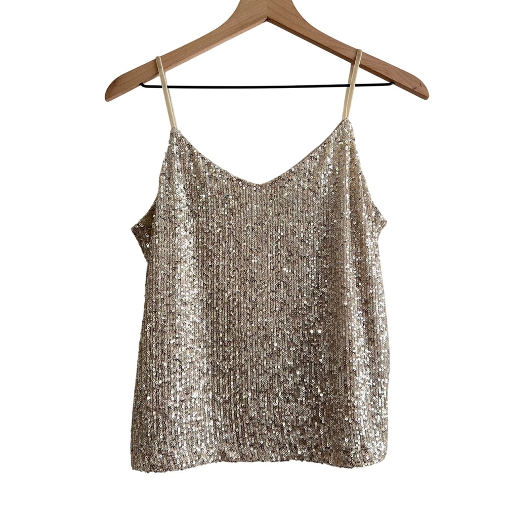 Steve Madden Gold Sequin Cami Tank Top Lined Adjustable Straps Women's Size M